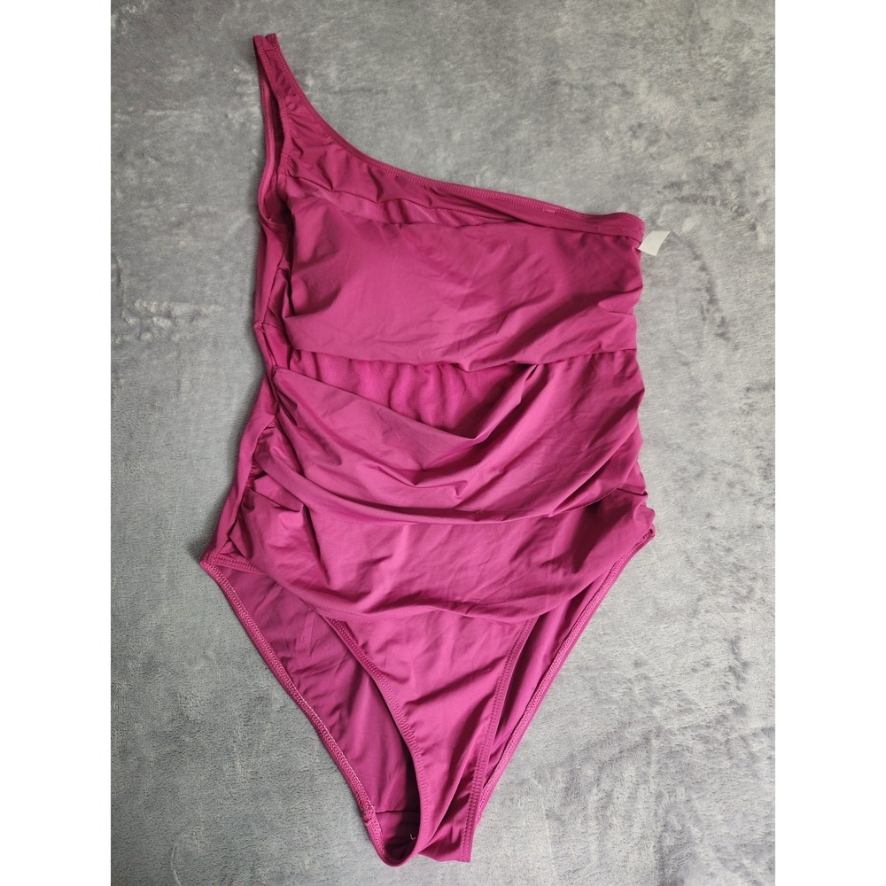 New L Catherine Malandrino One Shoulder Swimsuit Ruching Mesh Large Pink Suit